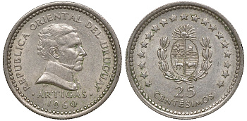 Уругвай 25 сентесимо 1960 KM 40 медно-никель 4169-864