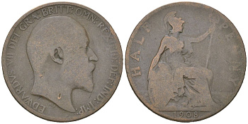 Великобритания 1/2 пенни 1908 Эдуард VII (1901-1910) KM 793.2, Spink 3991 бронза 4616-721