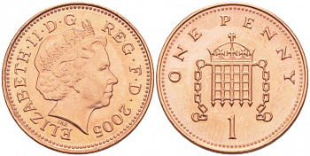 Великобритания 1 пенни 2005 Елизавета II (1952-2022) KM 986, Spink 4710 (B5) сталь плакированная медью UNC 112-1042