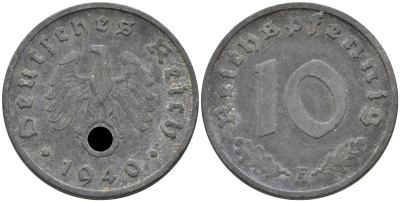 ГЕРМАНИЯ 10 РЕЙХСПФЕННИГОВ 1940 F, KM 101, J. 371 цинк 75-231