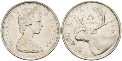 Канада 25 центов 1969 Елизавета II (1952-2022), олень KM 62 b никель4595-637
