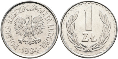 Польша 1 злотый 1984 MW, Народная Республика KM 49.1, Parchimowicz 213w алюминий UNC 4364-1436