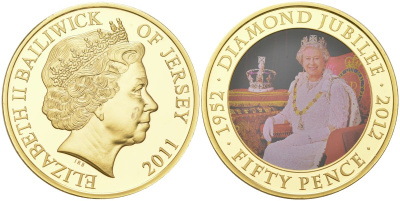 Джерси 50 пенсов 2011 60 лет коронации Королевы Елизаветы II (Елизавета II в короне в платье на троне) KM 239 сталь плакированная золотом BU 11-134-14