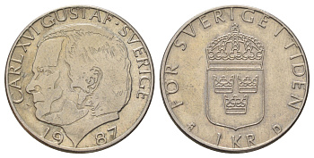 Швеция 1 крона 1987 Карл XVI Густав (1973-) KM 852a медно-никель 4671-345