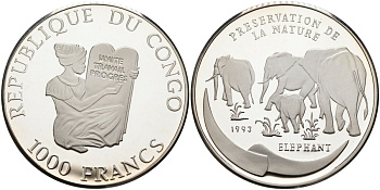 Конго 1000 франков 1993 серия охрана природы, слоны KM 13 серебро PROOF 04-318-44