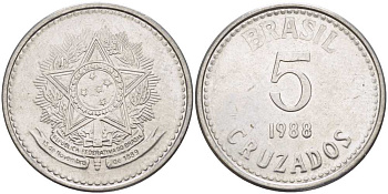 Бразилия 5 крузадо 1988 реформа 1986-1989 KM 606 нержавеющая сталь 67-541