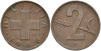 Швейцария 2 раппена 1948 В KM 47 бронза 4591-241