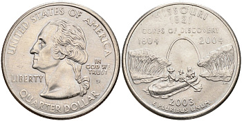 США 25 центов = квотер 2003 D, серия штаты США, Миссури KM 346 медь плакированная медно-никелем 4586-156