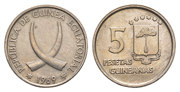 Экваториальная Гвинея 5 песет 1969 год-тип KM 2 медно-никель UNC 4659-425