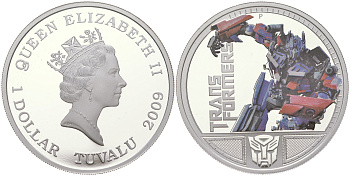 Тувалу 1 доллар 2009 лидер автоботов Оптимус Прайм, в оригинальной коробке KM 94 серебро  PROOF  3-4-11-13