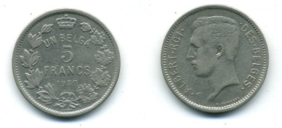 БЕЛЬГИЯ 5 ФРАНКОВ 1930 BELGES KM 97.1 никель 57-1012