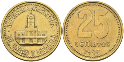 Аргентина 25 сентаво 1992 ратуша Буэнос-Айреса KM 110.1 алюминиевая бронза 4548-1152