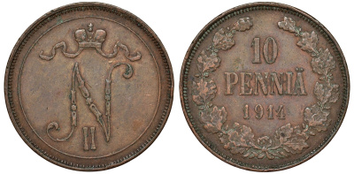 Россия для Финляндии 10 пенни 1914 Николай II (1894-1917) Биткин 437 медь 51-1323