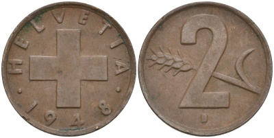 Швейцария 2 раппена 1948 В KM 47 бронза 4591-241