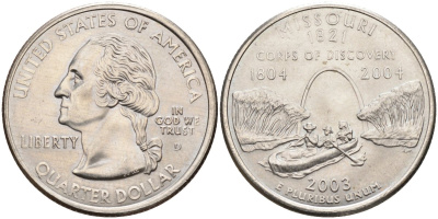 США 25 центов = квотер 2003 D, серия штаты США, Миссури KM 346 медь плакированная медно-никелем 4586-156