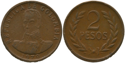 Колумбия 2 песо 1979 KM 263 бронза 4538-157