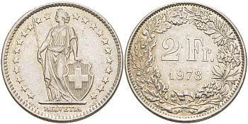 ШВЕЙЦАРИЯ 2 ФРАНКА 1978 KM 21а.1 медно-никель 84-1045