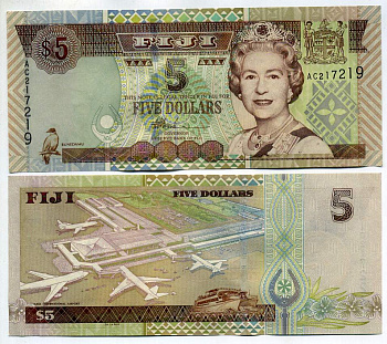 Фиджи 5 долларов ND (2002) Елизавета II (1952-2022), аэропорт Нади Pick 105 b бумага UNC (пресс) 449-24-2