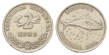 Хорватия 2 куны 1994 Голубой тунец KM 21 медь цинк никель 3459-936