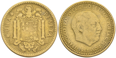 ИСПАНИЯ 1 ПЕСЕТА 1953 ФРАНСИСКО ФРАНКО ДИКТАТОР ИСПАНИИ (1939-1975) KM 775 алюминиевая бронза 4561-813