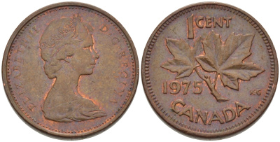 Канада 1 цент 1975 Елизавета II (1952-2022), кленовый лист KM 59.1 бронза 96-265