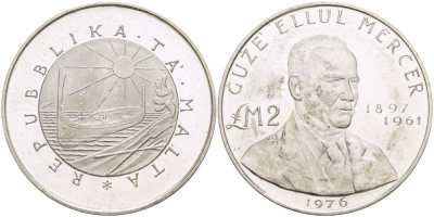 Мальта 2 фунта 1976 Шуже Эллул Мерсер (1897-1961) KM 40 серебро BUNC 4527-333