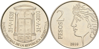 Аргентина 2 песо 2010 75 лет Центральному Банку KM 162 медно-никель UNC 4607-625