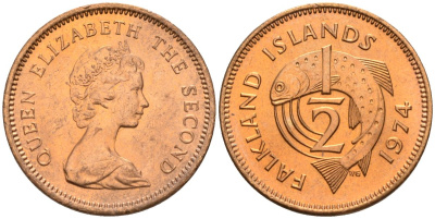 Фолклендские острова 1/2 пенни 1974 Елизавета II (1952-2022), лосось KM 1 бронза 4154-119