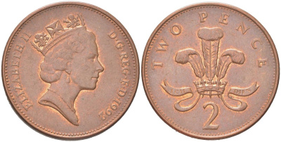 Великобритания 2 пенни 1992 Елизавета II (1952-2022) KM 936a, Spink C4 сталь плакированная медью 4128-225