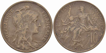 ФРАНЦИЯ 10 САНТИМОВ 1911 ТИП ДАНИЭЛЬ ДЮПЮИ KM 843, LA FRANC 136.21 бронза 109-245