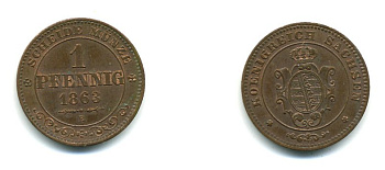 САКСОНИЯ 1 ПФЕННИГ 1863 B, ЙОХАНН (1854-1873) KM 1216 медь 54-931