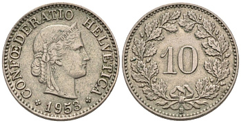 Швейцария 10 раппенов 1953 В KM 27 медно-никель 4576-945