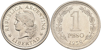 Аргентина 1 песо 1958 голова свободы влево KM 57 сталь плакированная никелем 4586-1226