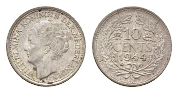 Нидерланды 10 центов 1944 Вильгельмина (1890-1948) KM 163 серебро aUNC 4669-1215