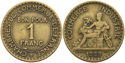Франция 1 франк 1923 KM 876, Le Franc 218.5 алюминиевая бронза 4142-735