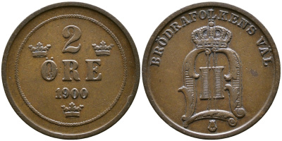 Швеция 2 эре 1900 Оскар II (1872-1907) король Швеции и Норвегии, овальные нули KM 746 бронза 56-911