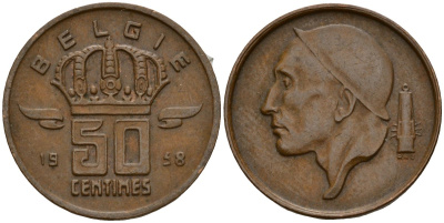 Бельгия 50 сантимов 1958 Belgie, Бодуэн I (1951-1993) KM 149 бронза 4189-854