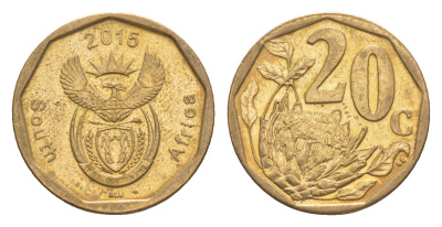 ЮАР 20 центов 2015 герб, цветок протея KM 270 сталь плакированная бронзой UNC 4618-613