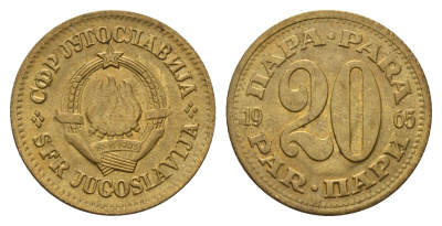 Югославия 20 пара 1965 KM 45 латунь aUNC 3336-454