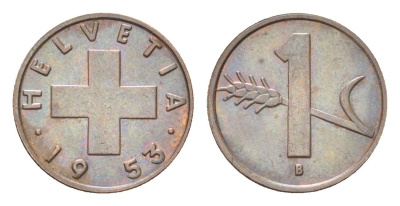 Швейцария 1 раппен 1953 B KM 46 бронза 4705-1166