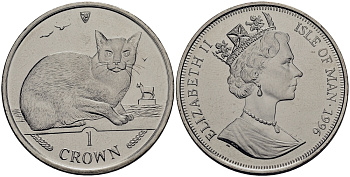 Остров Мэн 1 крона 1996 Бирманская кошка КМ 621 медно-никель UNC M92-08