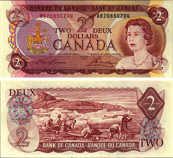 КАНАДА 2 ДОЛЛАРА 1974 ЕЛИЗАВЕТА II, ОХОТА ЭСКИМОСОВ, ЛОДКА, ПОДПИСЬ LAWSON-BOUEY Pick 86a бумага UNC (ПРЕСС) 7485-46-2