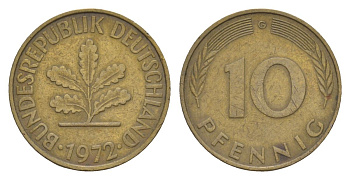 ФРГ 10 пфеннигов 1972 G KM 108, J. 383 сталь плакированная латунью 4630-1263