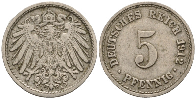 Германия 5 пфеннигов 1912 A, KM 11, J. 12 медно-никель 220-624