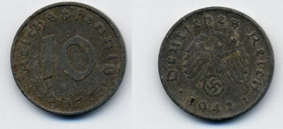 ГЕРМАНИЯ 10 РЕЙХСПФЕННИГОВ 1942 A KM 101, J 371 цинк 36-943