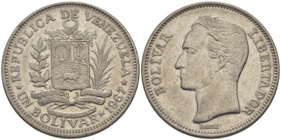 Венесуэла 1 боливар 1967 Симон Боливар KM 42 никель 31-521