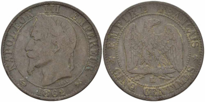 ФРАНЦИЯ 5 САНТИМОВ 1862 K, НАПОЛЕОН III (1852-1870) KM 797.3, LE FRANC 117.7 бронза 108-535