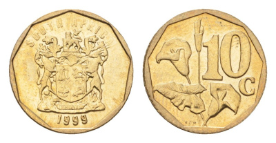 ЮАР 10 центов 1999 герб, цветок алоэ KM 161 сталь плакированная бронзой UNC 4694-751