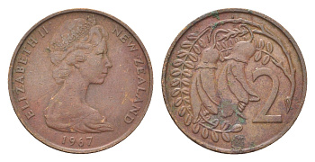 Новая Зеландия 2 цента 1967 Елизавета II (1952-2022), два цветка кохаи KM 32.1 бронза 4706-624