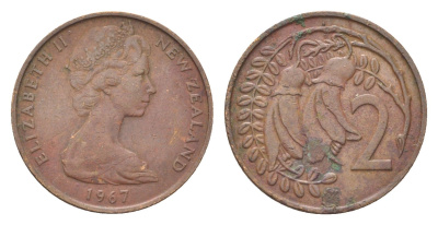 Новая Зеландия 2 цента 1967 Елизавета II (1952-2022), два цветка кохаи KM 32.1 бронза 4706-624